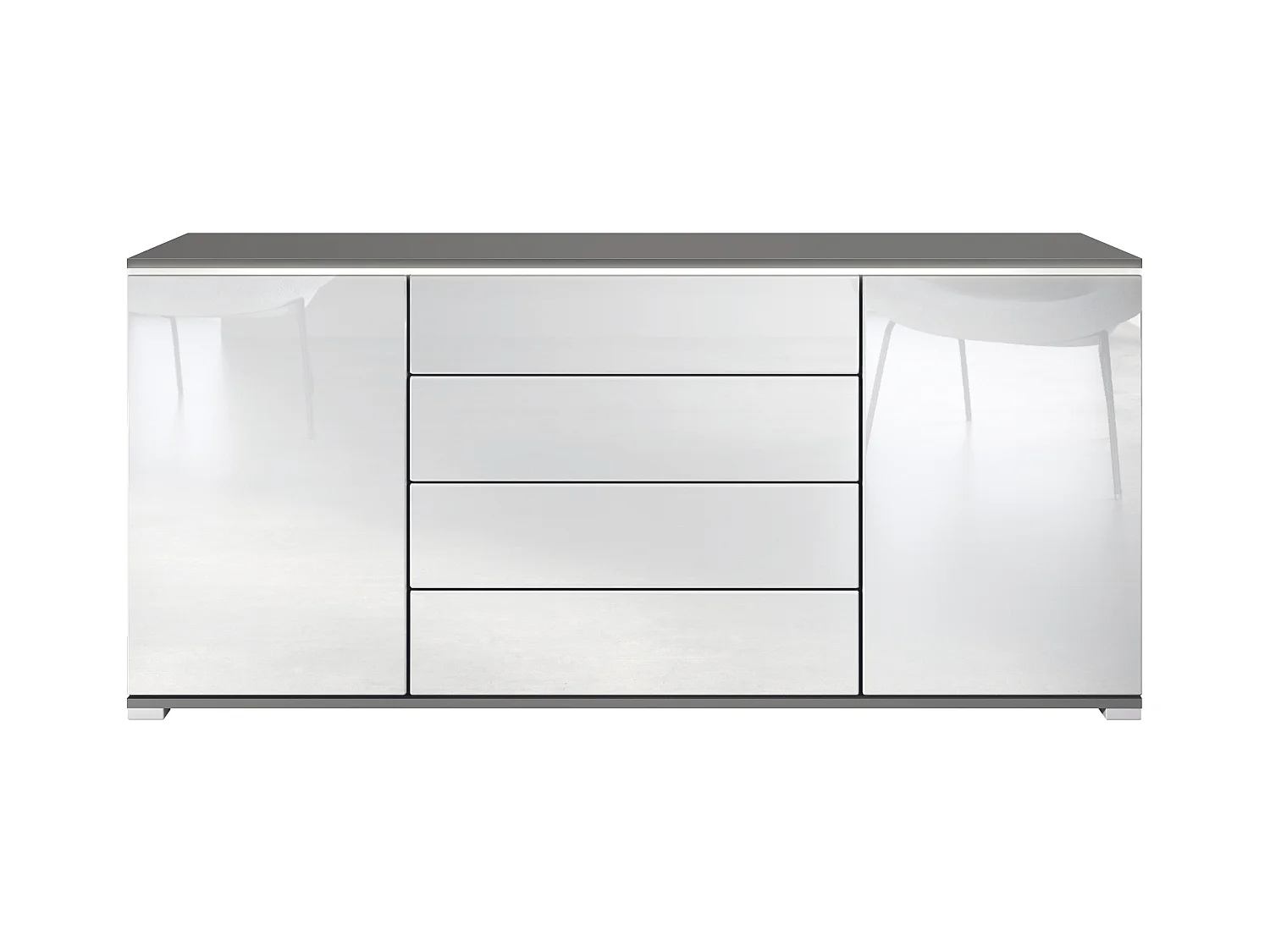 Buffet Faro V2 – Meuble avec 2 Portes & 4 Tiroirs, Armoire avec Bande LED Lumineuse, anthracite mat / blanc haute brillance (166,5 x 75,5 x 35)