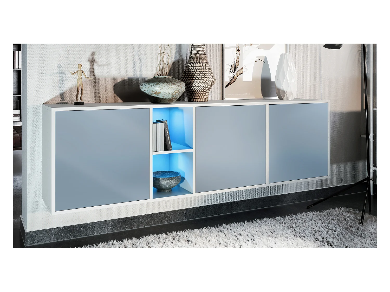 Commode Cuba - blanc mat/denim mat y compris LED - Buffet moderne pour votre salon - (LxHxP) 182x53x35 cm