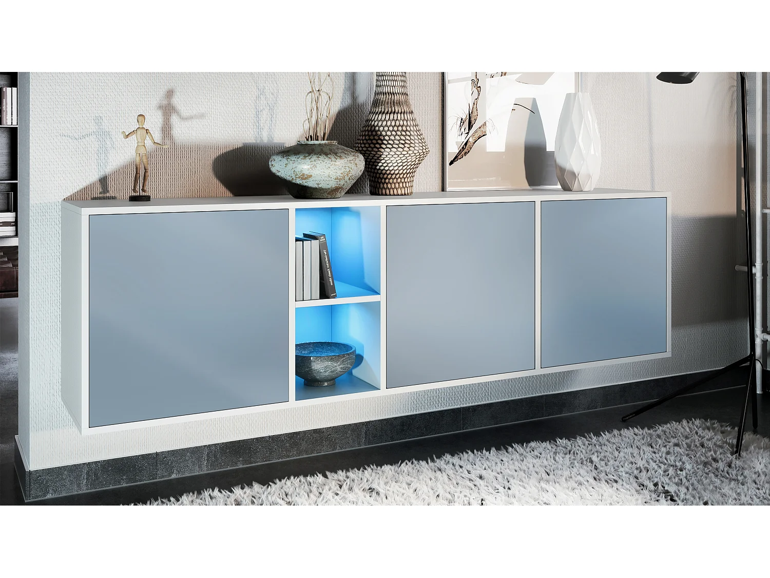 Commode Cuba - blanc mat/denim mat y compris LED - Buffet moderne pour votre salon - (LxHxP) 182x53x35 cm