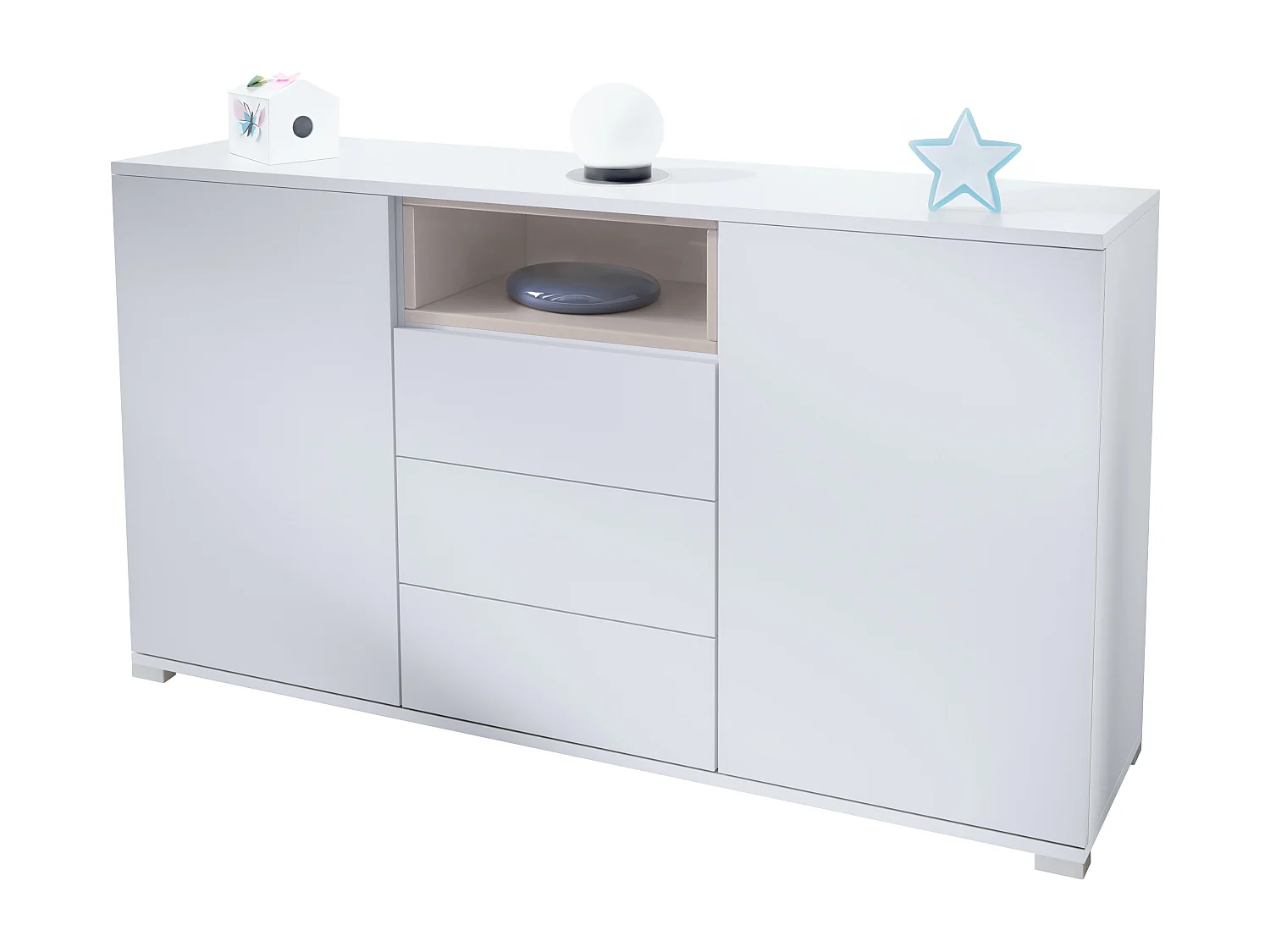 Skadu V2 Buffet, Commode avec 2 portes, 3 tiroirs et 1 compartiment ouvert, blanc mat/gris sable haute brillance (138,5 x 75,5 x 35 cm)