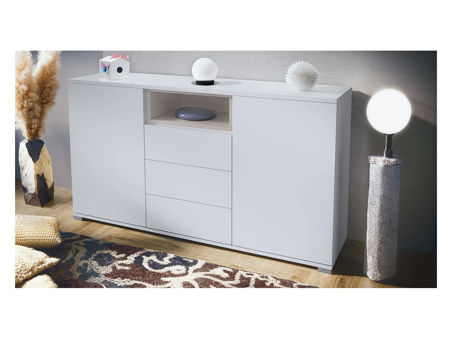 Skadu V2 Buffet, Commode avec 2 portes, 3 tiroirs et 1 compartiment ouvert, blanc mat/gris sable haute brillance (138,5 x 75,5 x 35 cm)
