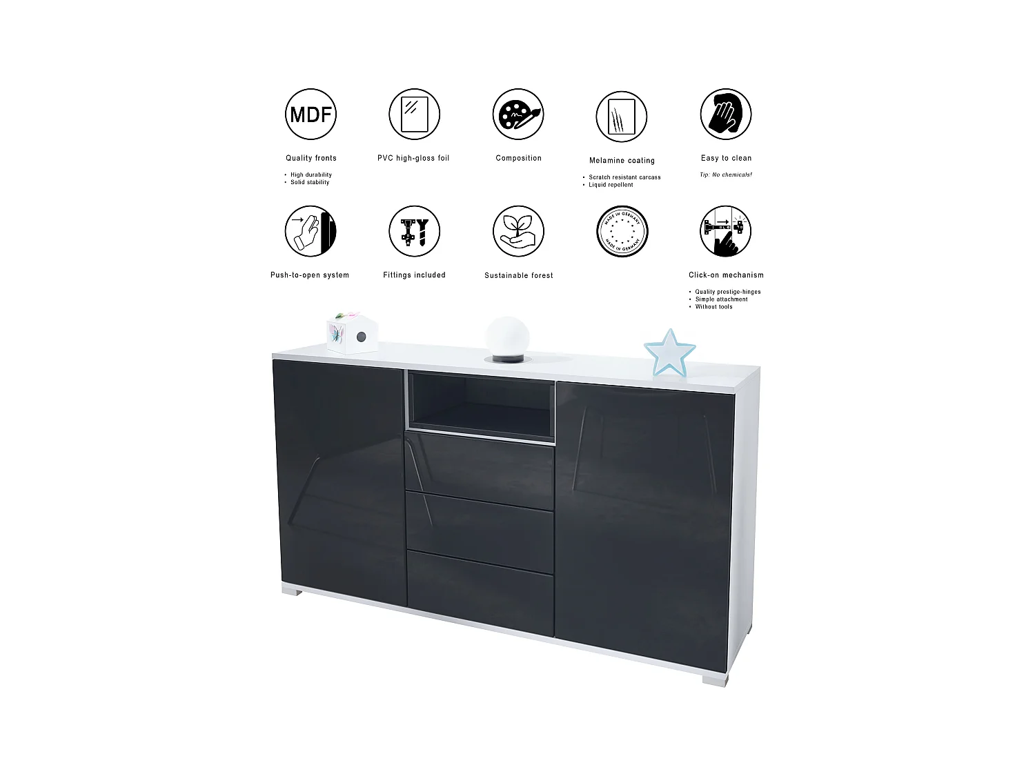 Skadu V2 Buffet, Commode avec 2 portes, 3 tiroirs et 1 compartiment ouvert, blanc mat/gris sable haute brillance (138,5 x 75,5 x 35 cm)