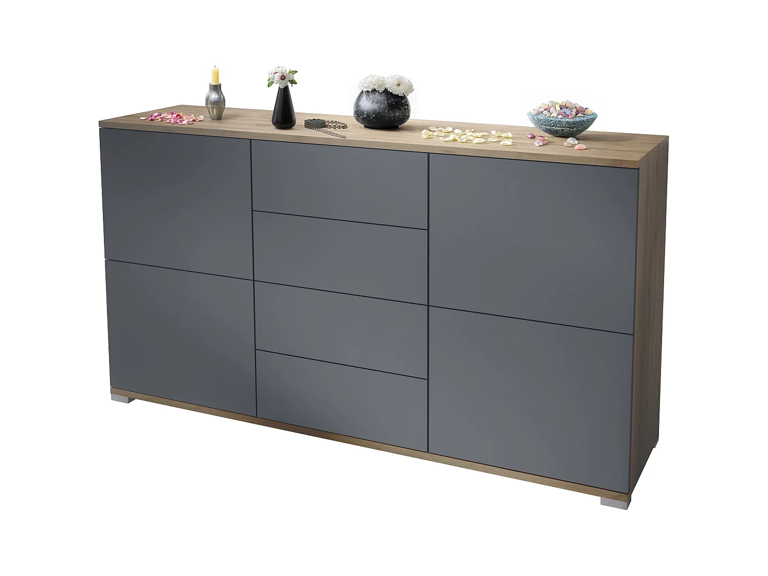 Aparador Rova V1 – Mueble con 4 Puertas y 4 Cajones, Roble Evoke/antracita mate (138,5 x 75,5 x 35)