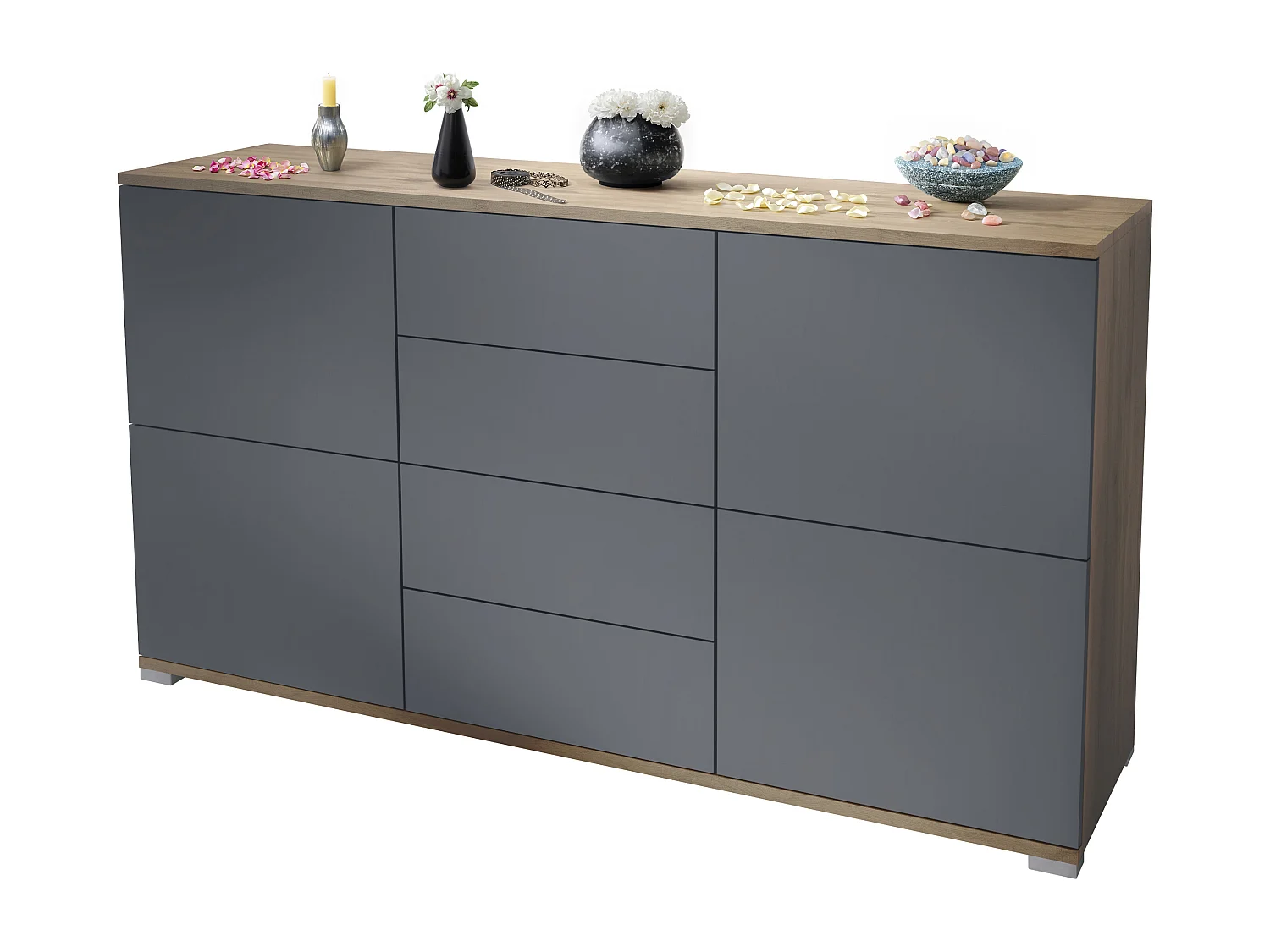 Buffet Rova V1 – Meuble avec 4 Portes et 4 Tiroirs, Chêne Evoke/anthracite mat (138,5 x 75,5 x 35)