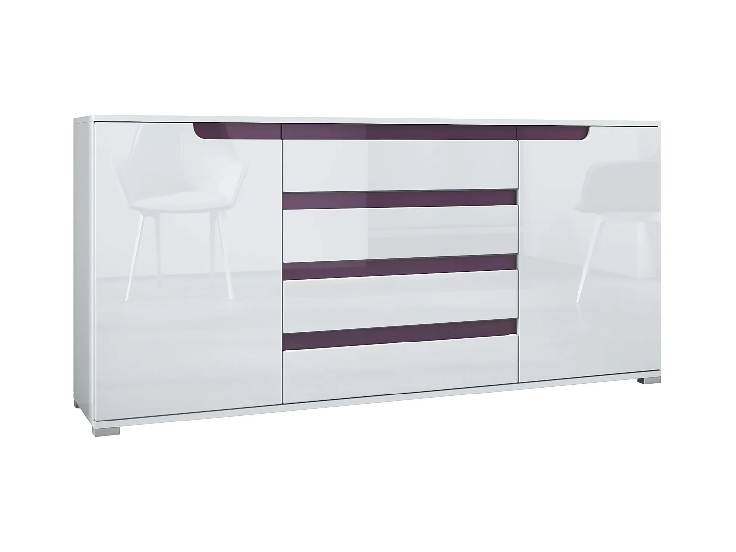 Credenza Sylt V2, Comò con 2 Ante e 4 Cassetti, Struttura - bianco opaco / Frontale - bianco lucido / Dettagli - violetto porpora lucido (166,5 x 75,5 x 35 cm)