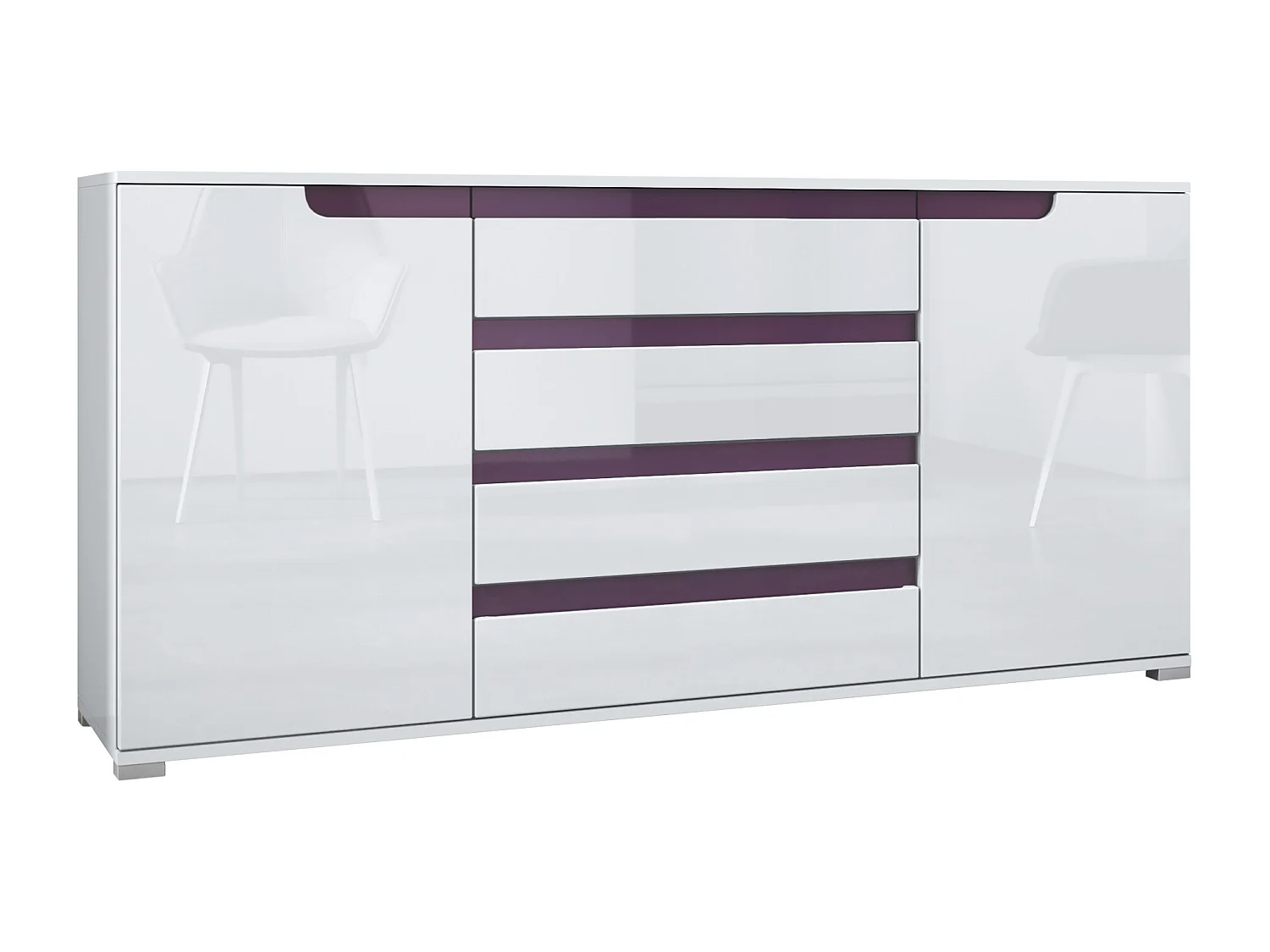 Buffet Sylt V2, Commode avec 2 Portes et 4 Tiroirs, Corps - blanc mat / Façade - blanc haute brillance / Détails - mûre haute brillance (166,5 x 75,5 x 35 cm)