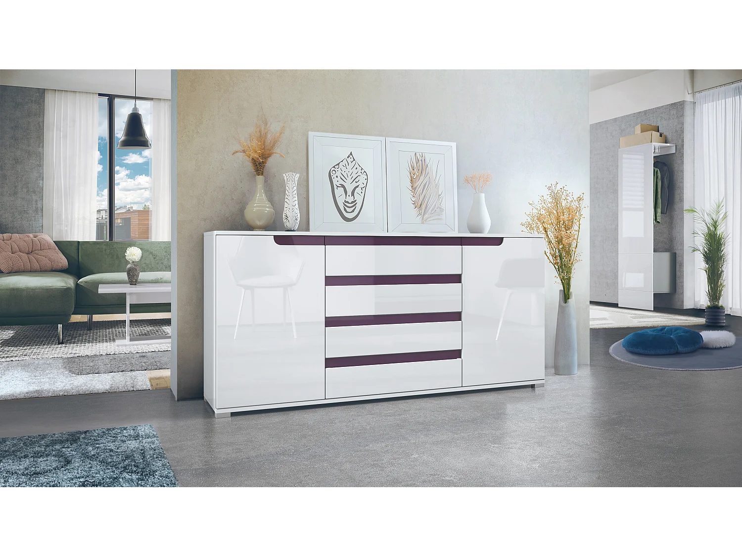 Buffet Sylt V2, Commode avec 2 Portes et 4 Tiroirs, Corps - blanc mat / Façade - blanc haute brillance / Détails - mûre haute brillance (166,5 x 75,5 x 35 cm)