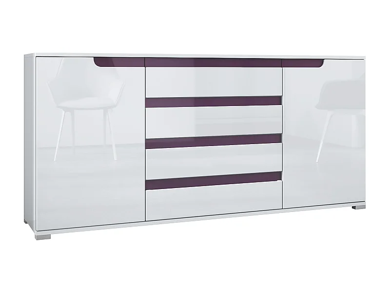 Buffet Sylt V2, Commode avec 2 Portes et 4 Tiroirs, Corps - blanc mat / Façade - blanc haute brillance / Détails - mûre haute brillance (166,5 x 75,5 x 35 cm)