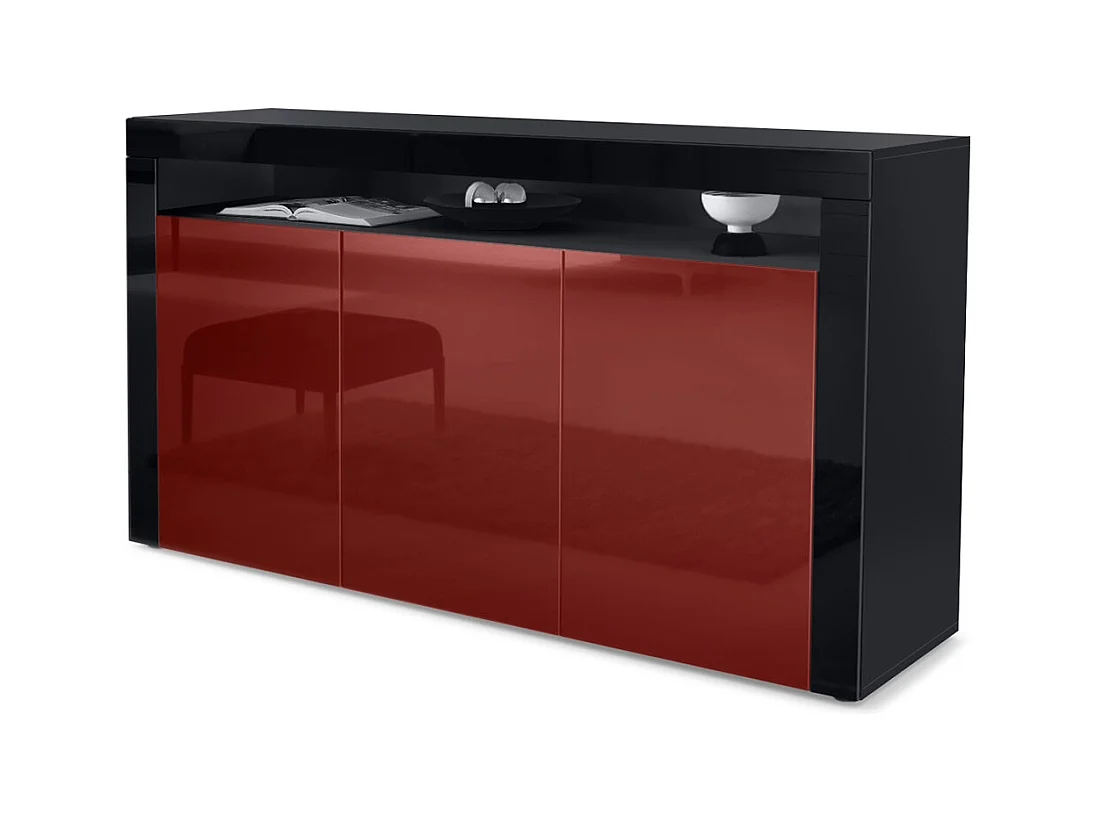 Buffet Valencia, Commode avec 3 portes et 1 compartiment ouvert, Noir mat/bordeaux haute brillance/noir haute brillance (155 x 92 x 40 cm)