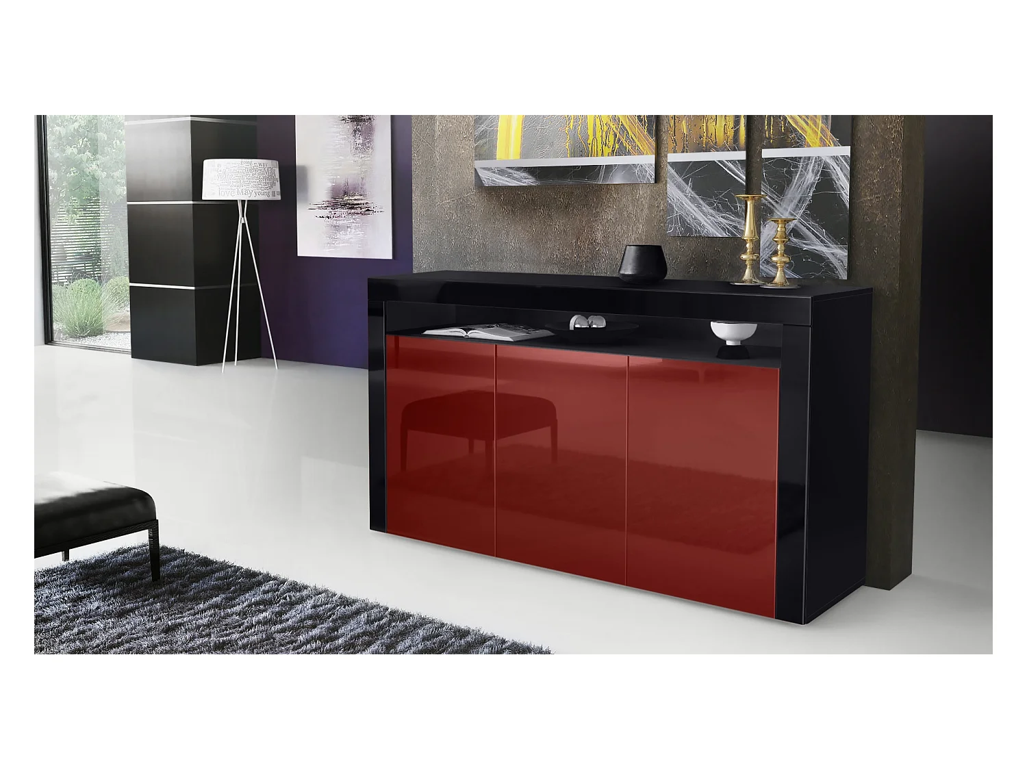 Buffet Valencia, Commode avec 3 portes et 1 compartiment ouvert, Noir mat/bordeaux haute brillance/noir haute brillance (155 x 92 x 40 cm)