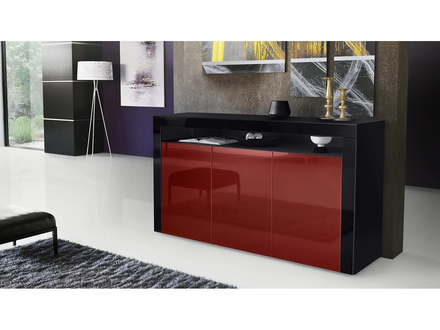 SIDEBOARD Valencia Bordeaux Hochglanz / Schwarz Hochglanz
