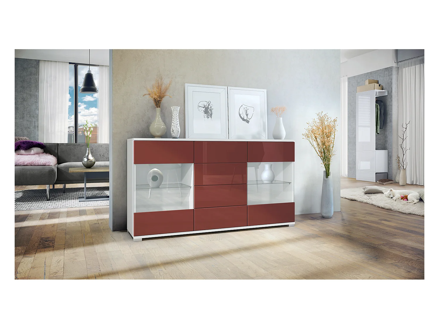 Buffet Bari V1 – Meuble avec 2 Grandes Portes et 4 Tiroirs, blanc mat/bordeaux haute brillance (138,5 x 75,5 x 35)