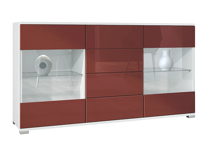 Buffet Bari V1 – Meuble avec 2 Grandes Portes et 4 Tiroirs, blanc mat/bordeaux haute brillance (138,5 x 75,5 x 35)