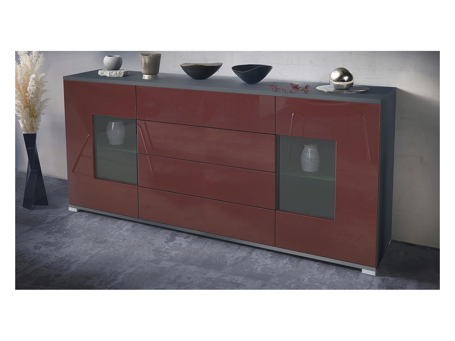 Buffet Grömitz V2 – Meuble avec 2 Grandes Portes et 4 Tiroirs, anthracite mat/bordeaux haute brillance (166,5 x 75,5 x 35)