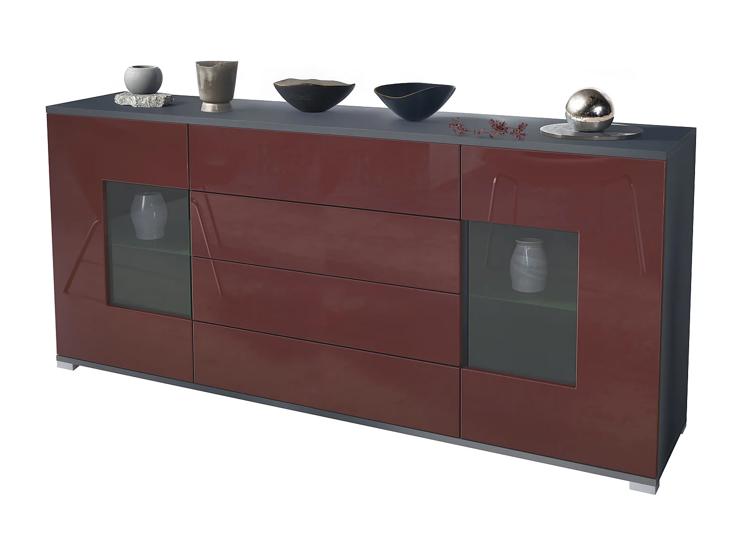 Buffet Grömitz V2 – Meuble avec 2 Grandes Portes et 4 Tiroirs, anthracite mat/bordeaux haute brillance (166,5 x 75,5 x 35)