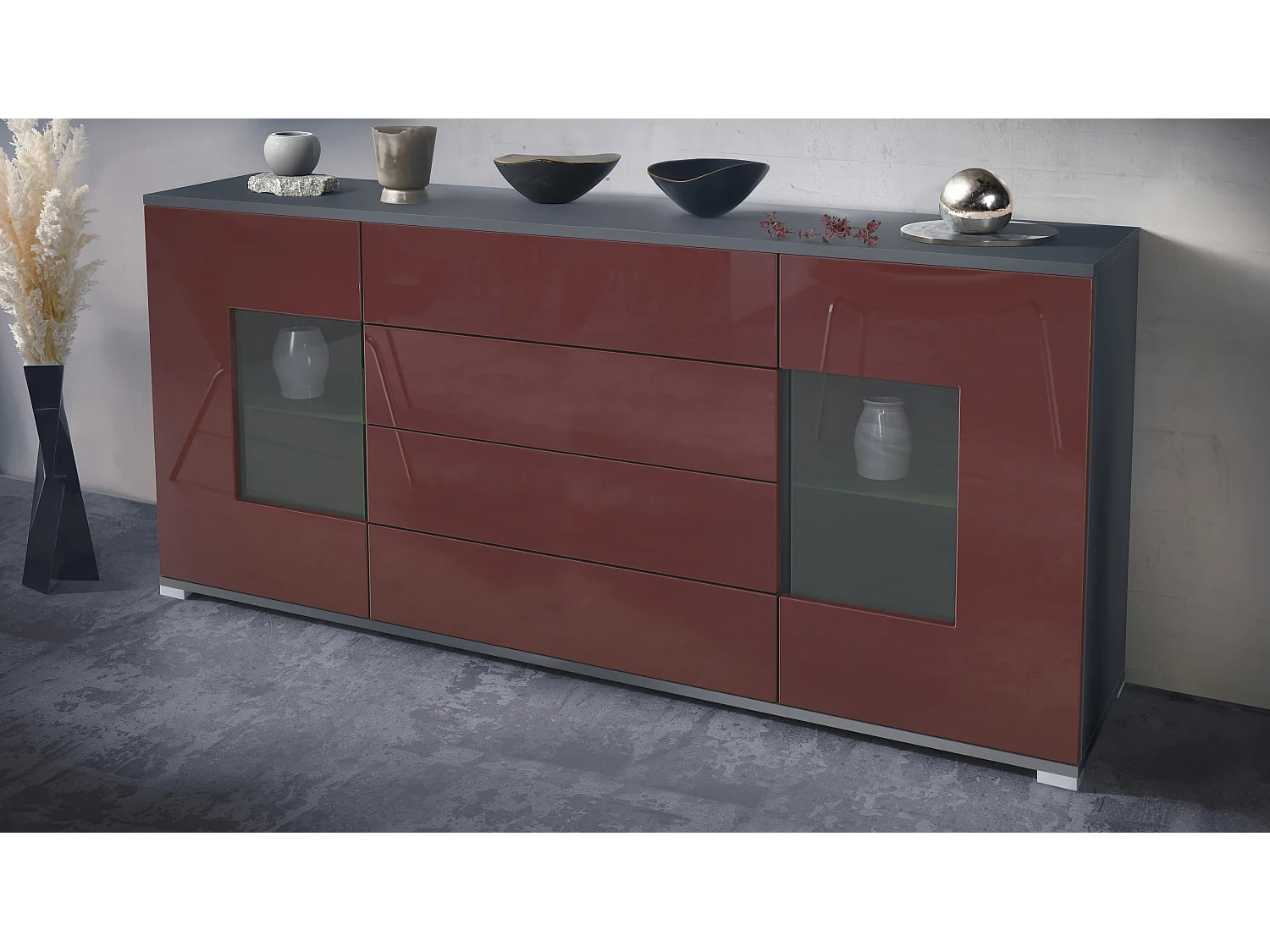 Buffet Grömitz V2 – Meuble avec 2 Grandes Portes et 4 Tiroirs, anthracite mat/bordeaux haute brillance (166,5 x 75,5 x 35)