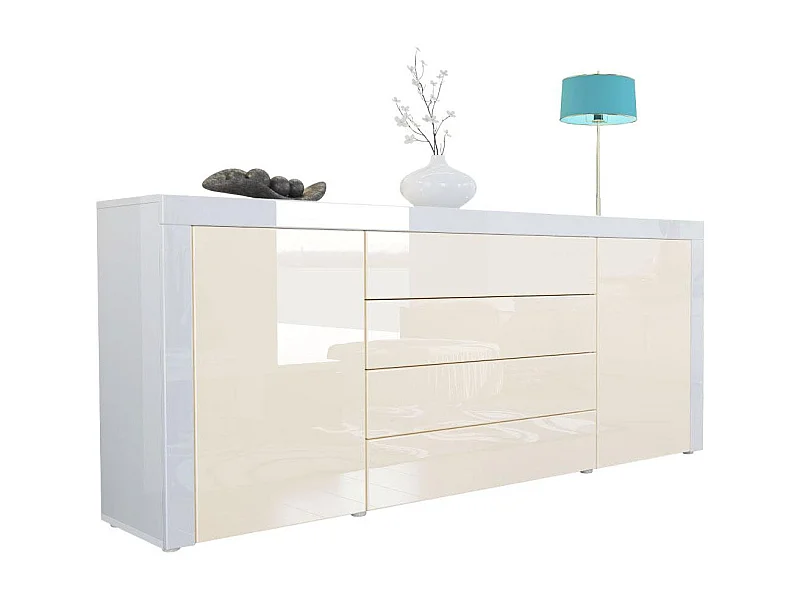 Buffet commode La Paz, Corps en Blanc haute brillance / Façades en crème haute brillance avec une bordure en blanc haute brillance