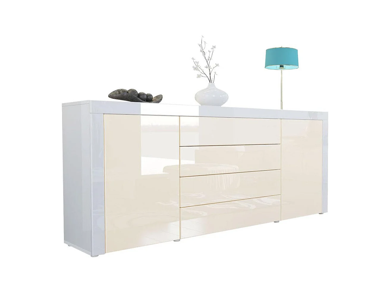 Buffet commode La Paz, Corps en Blanc haute brillance / Façades en crème haute brillance avec une bordure en blanc haute brillance