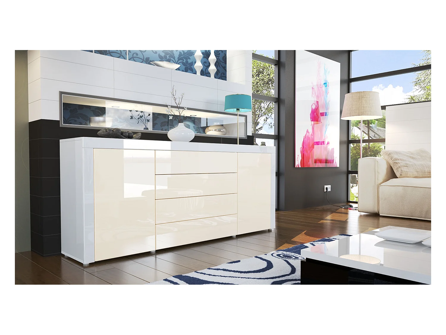Buffet commode La Paz, Corps en Blanc haute brillance / Façades en crème haute brillance avec une bordure en blanc haute brillance