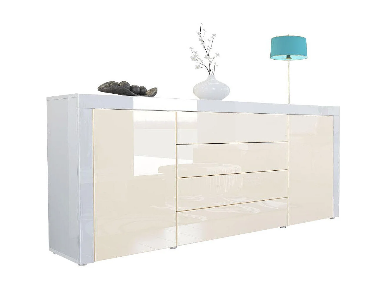 Cassettiera La Paz, struttura in bianco / frontale in beige lucido con cornice in bianco lucido.