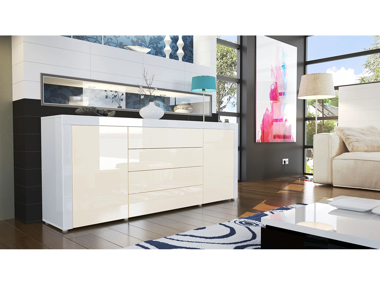 Cassettiera La Paz, struttura in bianco / frontale in beige lucido con cornice in bianco lucido.