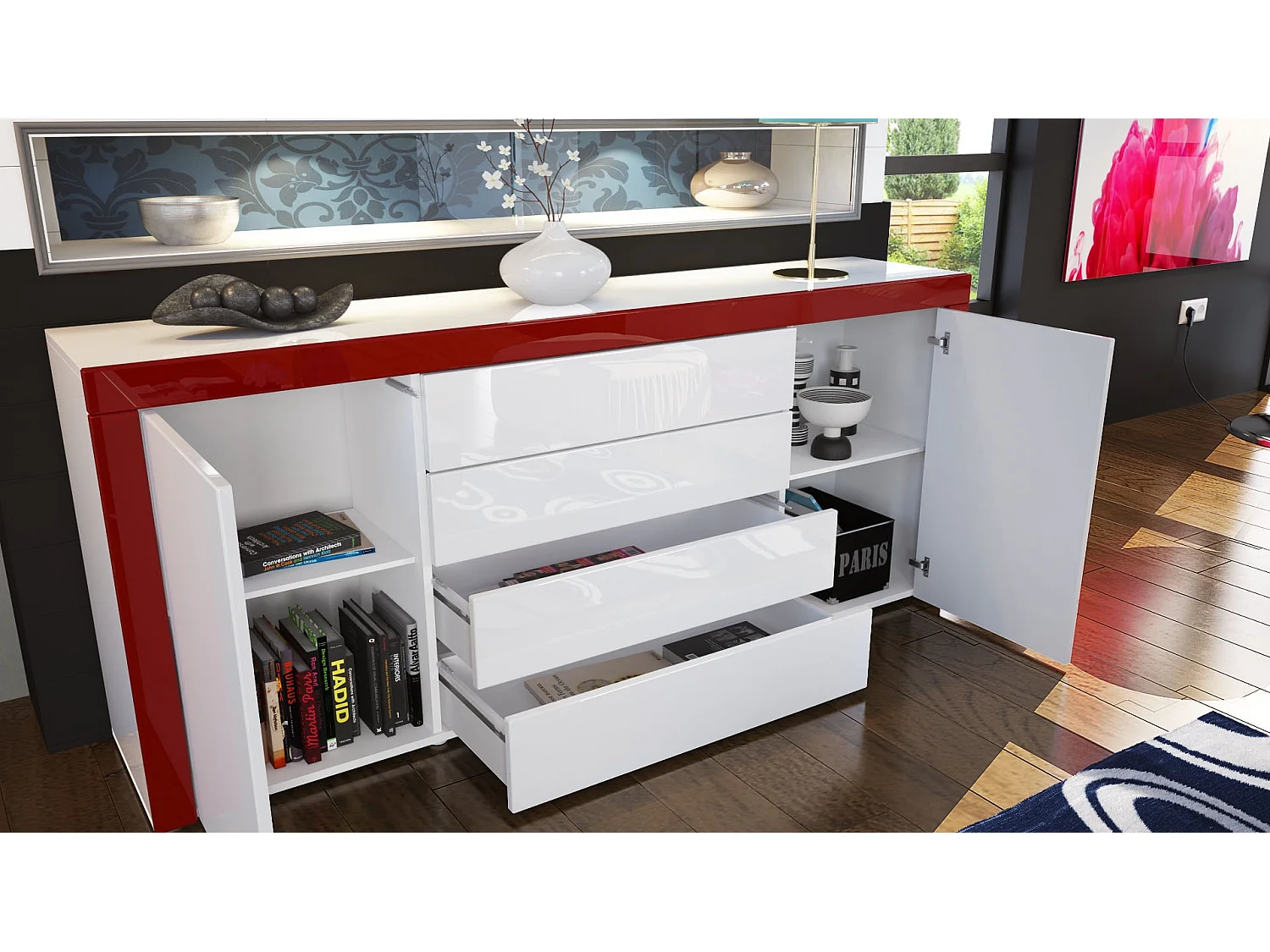 Cassettiera La Paz, struttura in bianco / frontale in beige lucido con cornice in bianco lucido.