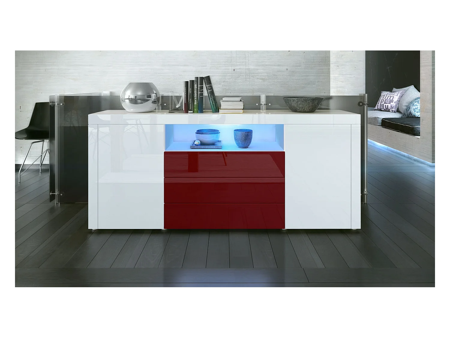 SIDEBOARD Santiago Weiß Hochglanz / Bordeaux Hochglanz