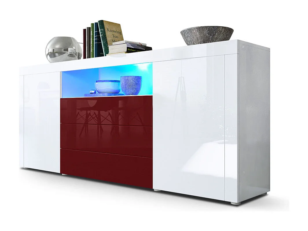 Sideboard Santiago, blanc haute brillance/bordeaux haute brillance - Modern chest of drawers for your living area - (WxHxD) 167 x 72 x 35 cm