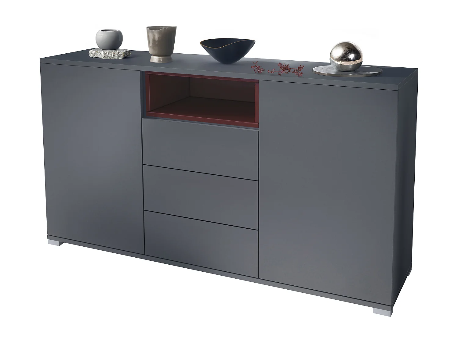 Skadu V2 Buffet, Commode avec 2 portes, 3 tiroirs et 1 compartiment ouvert, anthracite mat/bordeaux haute brillance (138,5 x 75,5 x 35 cm)