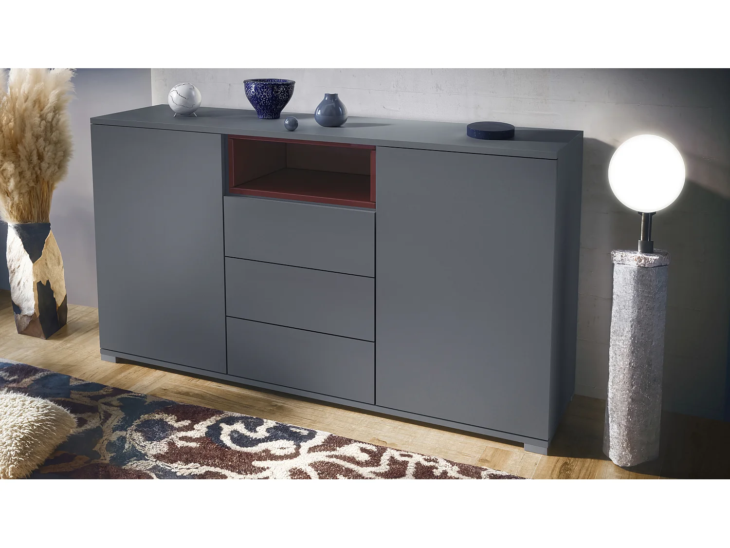 Skadu V2 Buffet, Commode avec 2 portes, 3 tiroirs et 1 compartiment ouvert, anthracite mat/bordeaux haute brillance (138,5 x 75,5 x 35 cm)