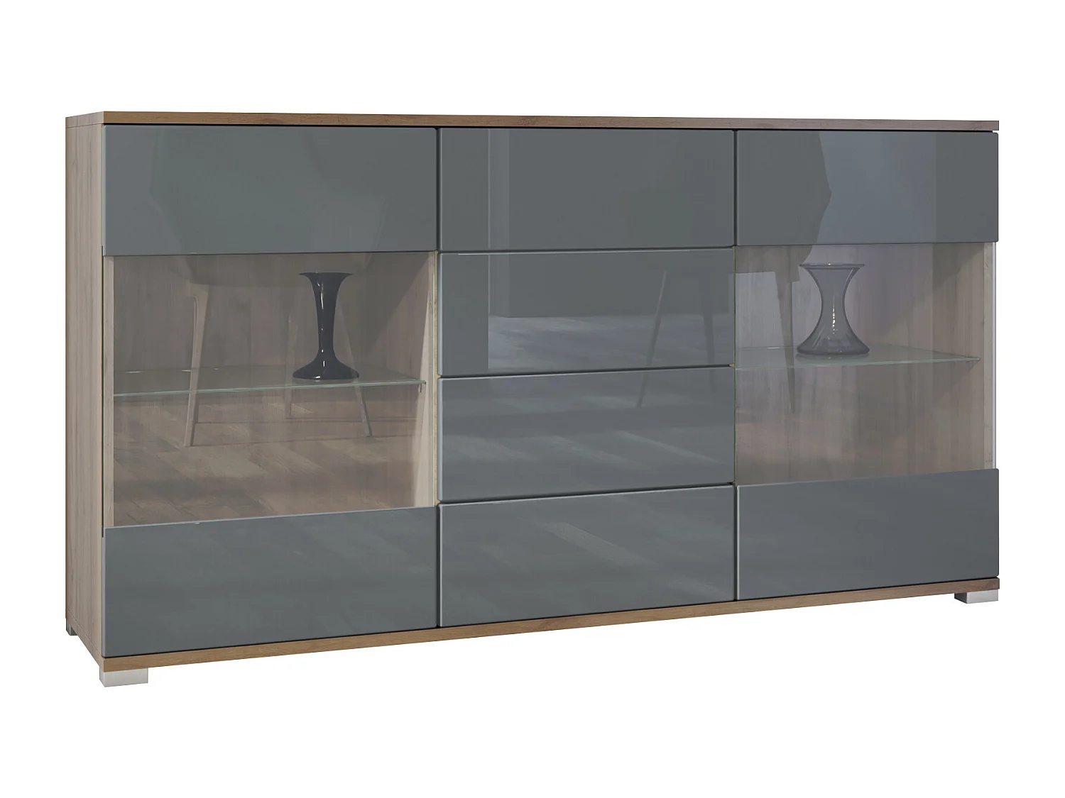 Buffet Bari V1 – Meuble avec 2 Grandes Portes et 4 Tiroirs, Chêne Evoke/gris haute brillance (138,5 x 75,5 x 35)