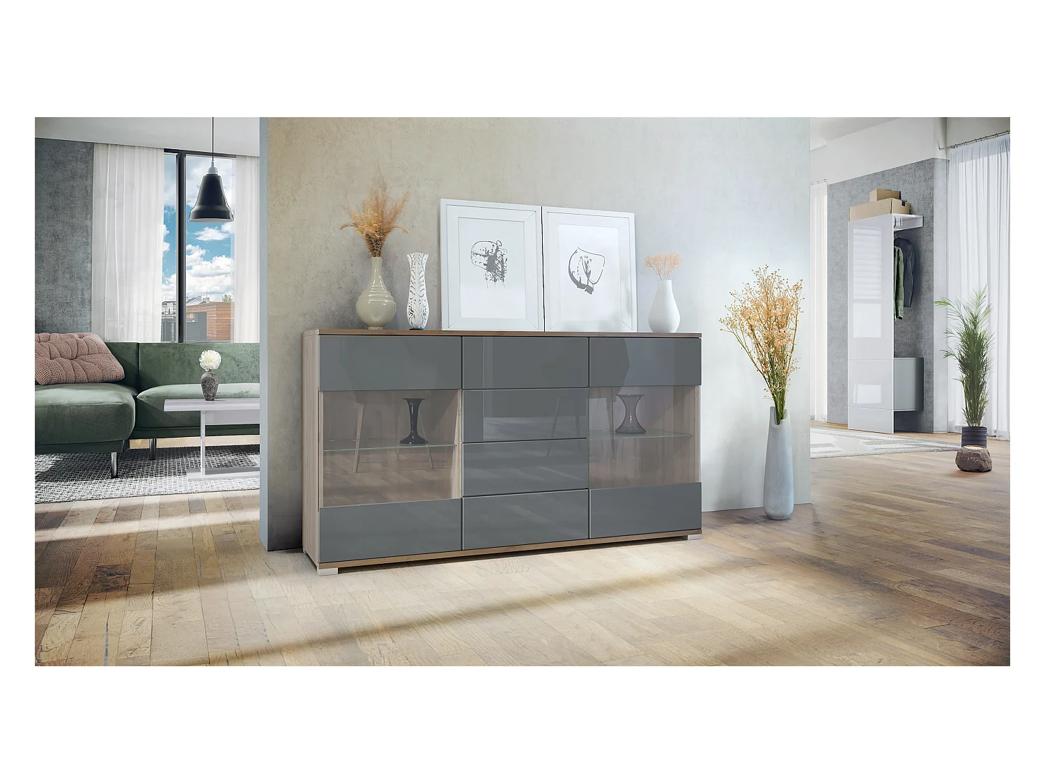 Buffet Bari V1 – Meuble avec 2 Grandes Portes et 4 Tiroirs, Chêne Evoke/gris haute brillance (138,5 x 75,5 x 35)