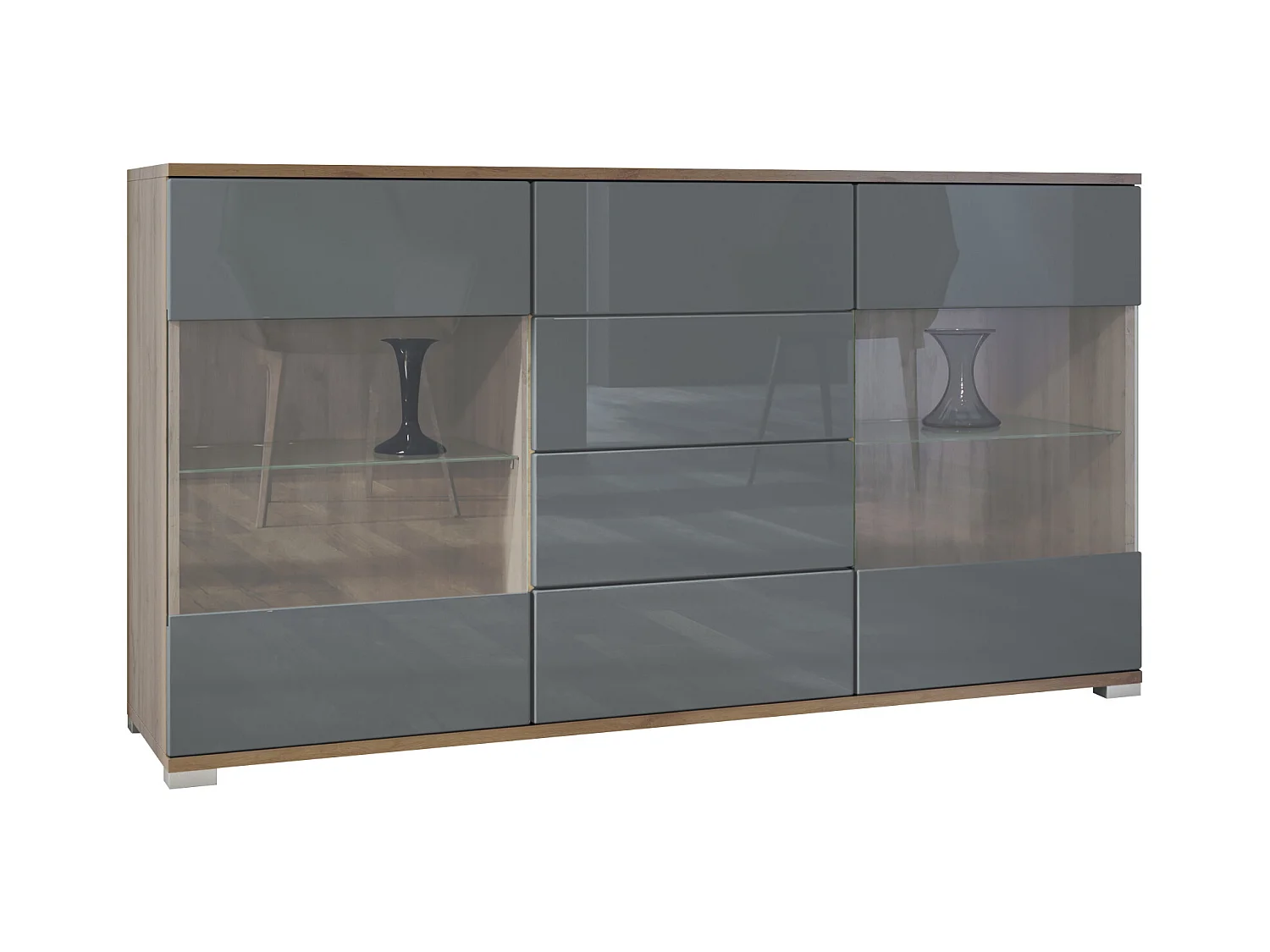 Buffet Bari V1 – Meuble avec 2 Grandes Portes et 4 Tiroirs, Chêne Evoke/gris haute brillance (138,5 x 75,5 x 35)