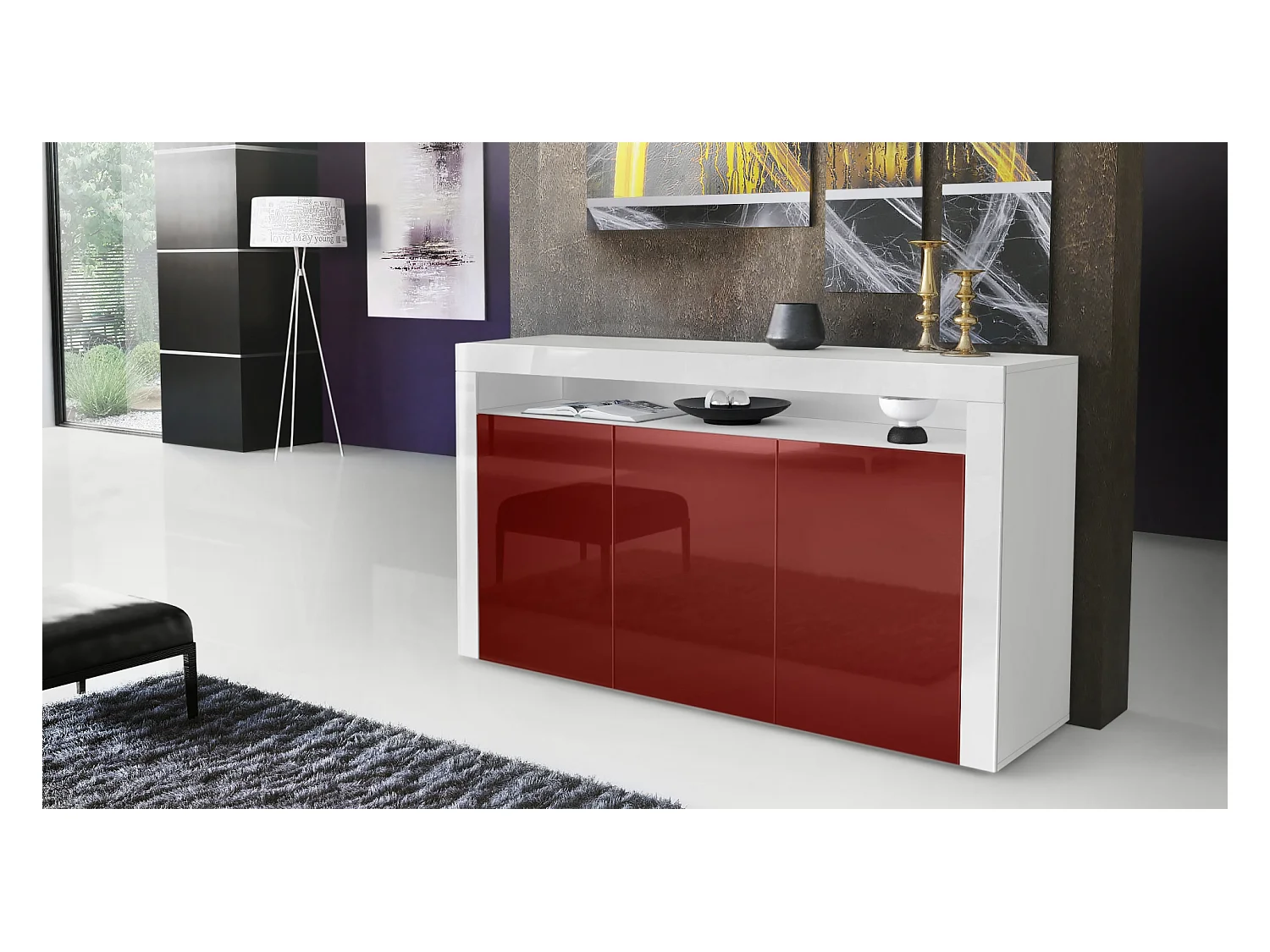 Buffet Valencia, Commode avec 3 portes et 1 compartiment ouvert, Blanc mat/bordeaux haute brillance/blanc haute brillance (155 x 92 x 40 cm)