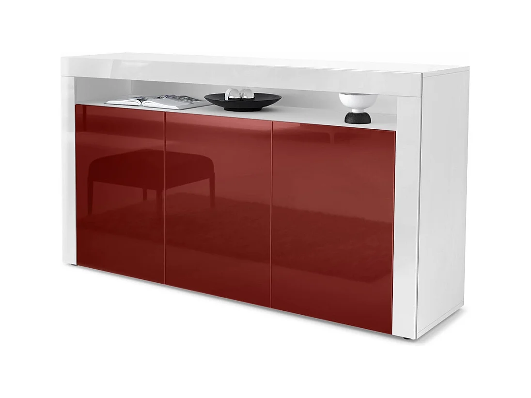 Buffet Valencia, Commode avec 3 portes et 1 compartiment ouvert, Blanc mat/bordeaux haute brillance/blanc haute brillance (155 x 92 x 40 cm)