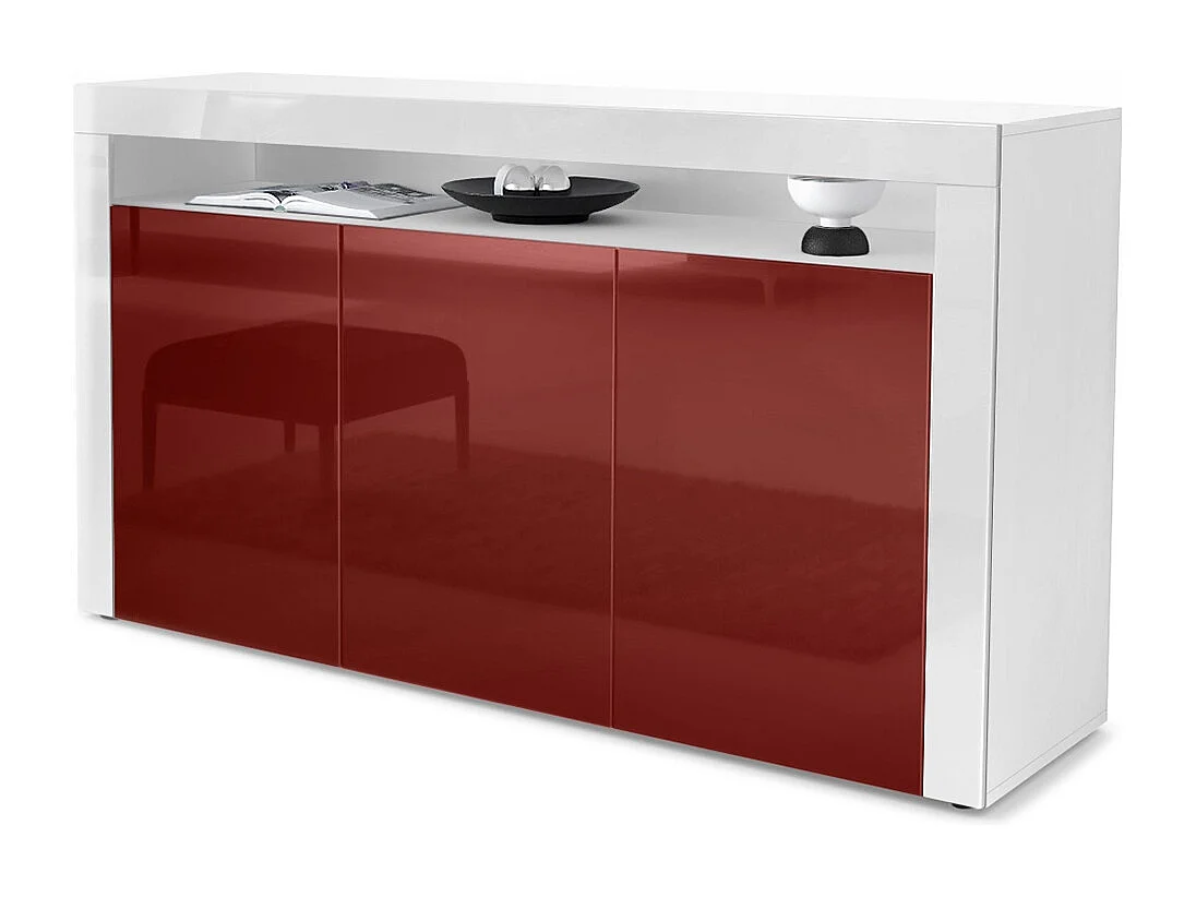 Buffet Valencia, Commode avec 3 portes et 1 compartiment ouvert, Blanc mat/bordeaux haute brillance/blanc haute brillance (155 x 92 x 40 cm)