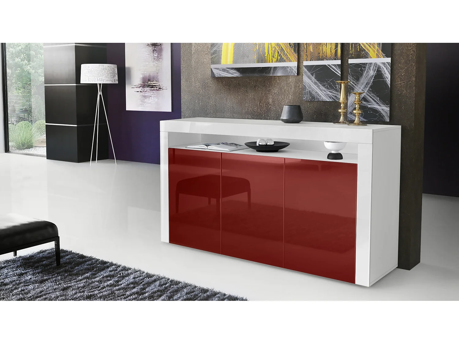 SIDEBOARD Valencia Bordeaux Hochglanz / Weiß Hochglanz