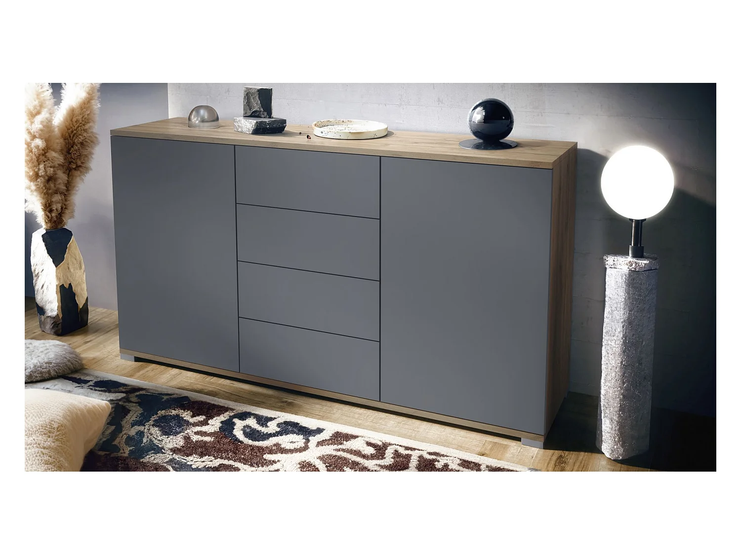 Buffet Santo V1, Enfilade avec 2 portes et 4 tiroirs, Chêne Evoke / anthracite mat (138,5 x 75,5 x 35 cm)