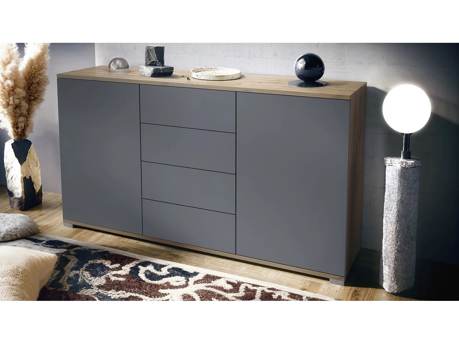 Buffet Santo V1, Enfilade avec 2 portes et 4 tiroirs, Chêne Evoke / anthracite mat (138,5 x 75,5 x 35 cm)