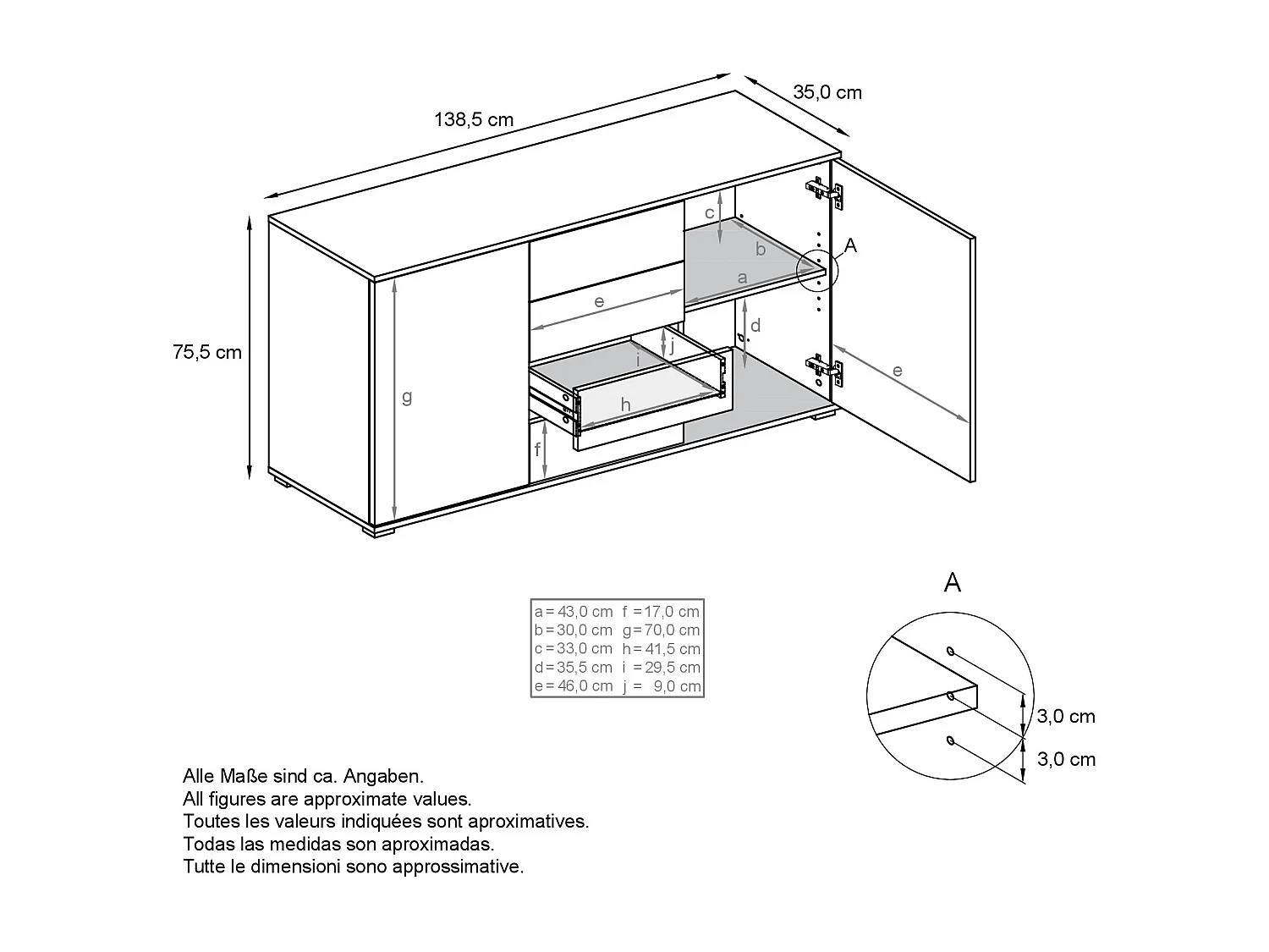 Buffet Santo V1, Enfilade avec 2 portes et 4 tiroirs, Chêne Evoke / anthracite mat (138,5 x 75,5 x 35 cm)