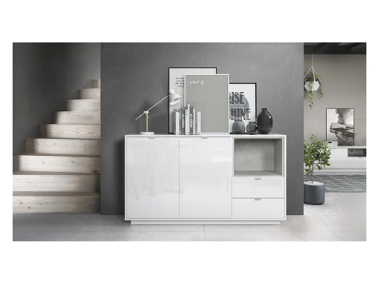 Buffet Armoire Metro, Corps en Blanc haute brillance / Façades en Blanc haute brillance avec une insertion en Aspect Béton Oxyde, incl. L'éclairage LED