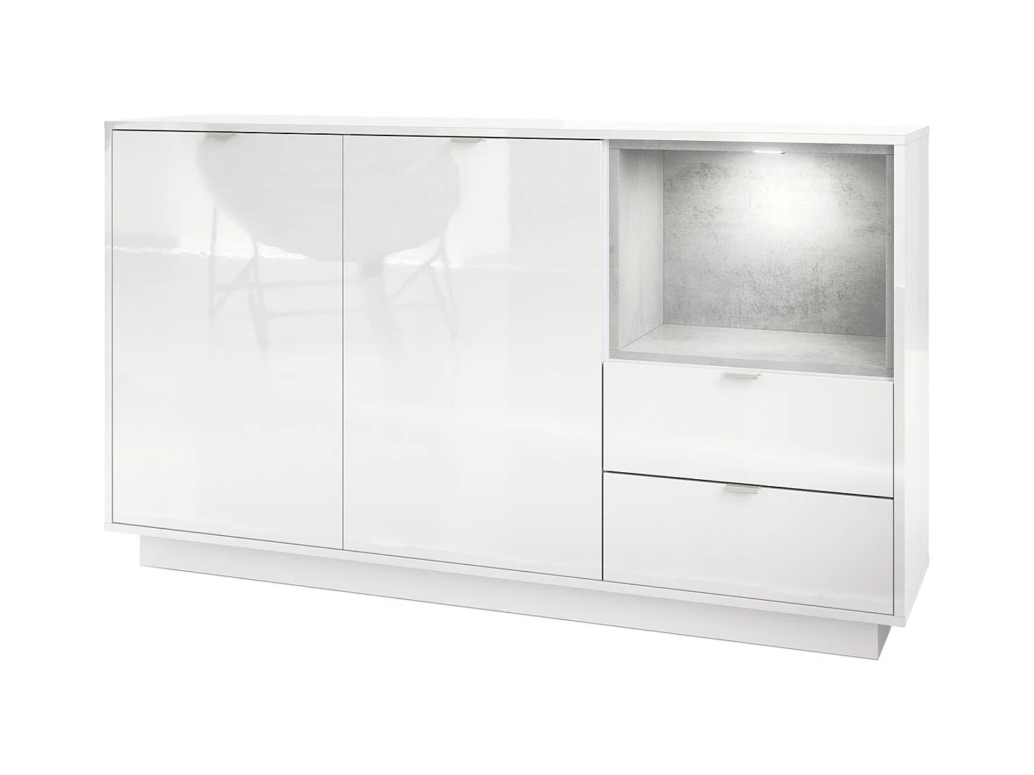 Buffet Armoire Metro, Corps en Blanc haute brillance / Façades en Blanc haute brillance avec une insertion en Aspect Béton Oxyde, incl. L'éclairage LED