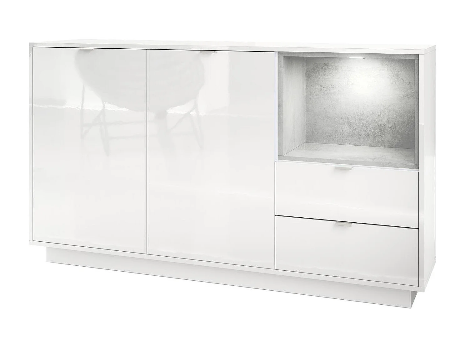 Madia Metro, struttura in bianco lucido / frontale in bianco lucido con inserto in grigio ossido, illuminazione a LED inclusa.