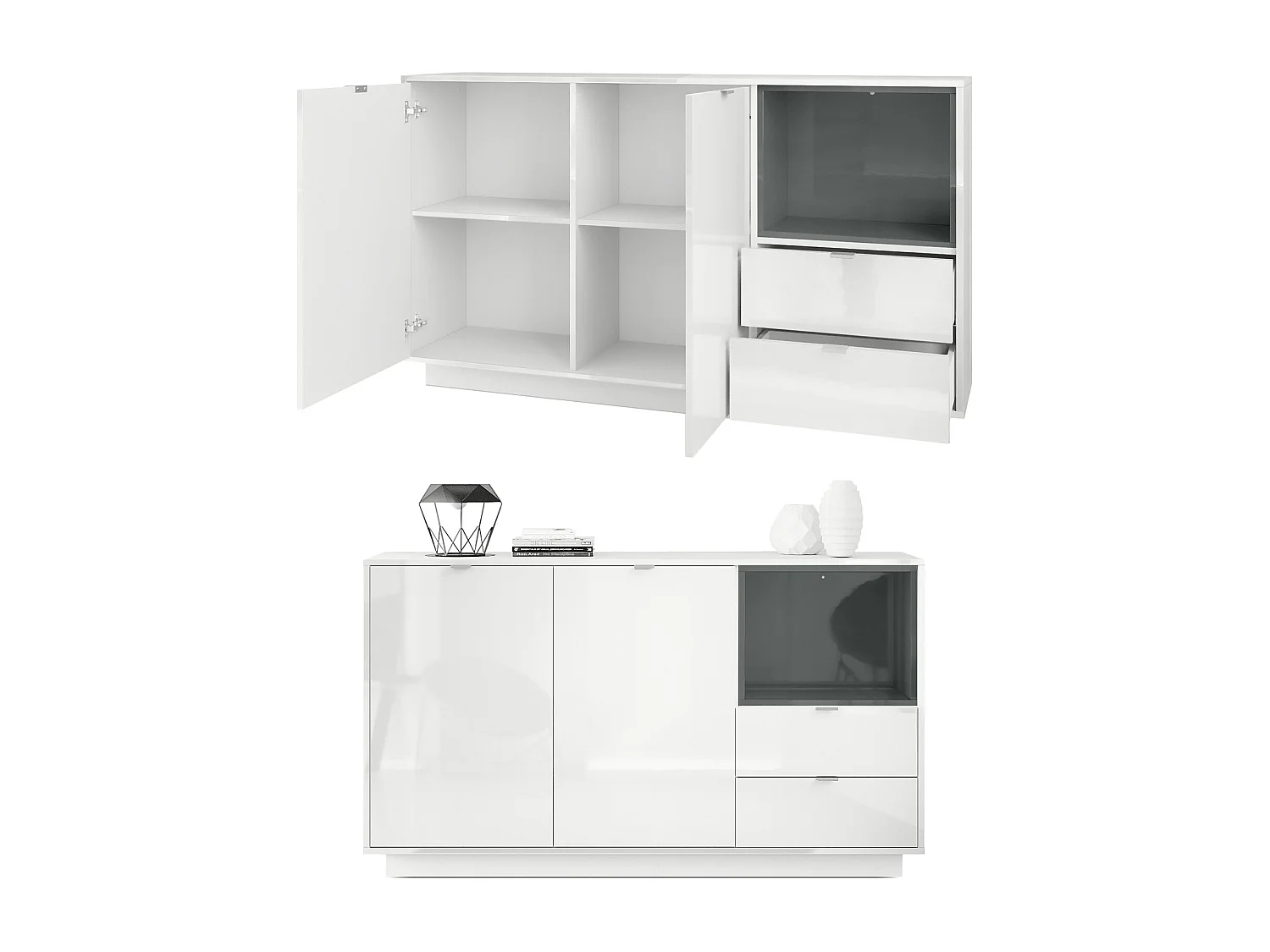 Madia Metro, struttura in bianco lucido / frontale in bianco lucido con inserto in grigio ossido, illuminazione a LED inclusa.