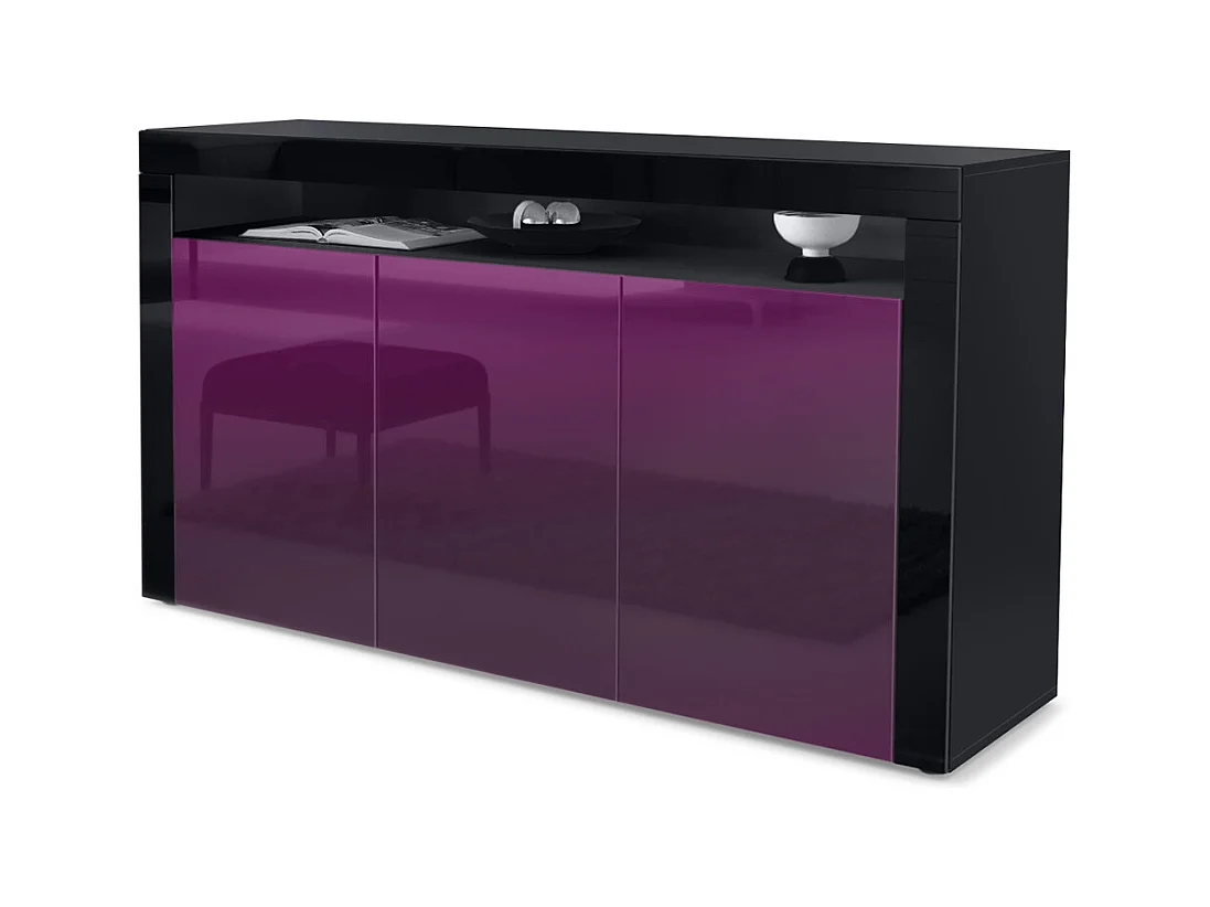 Buffet Valencia, Commode avec 3 portes et 1 compartiment ouvert, Noir mat/mûre haute brillance/noir haute brillance (155 x 92 x 40 cm)