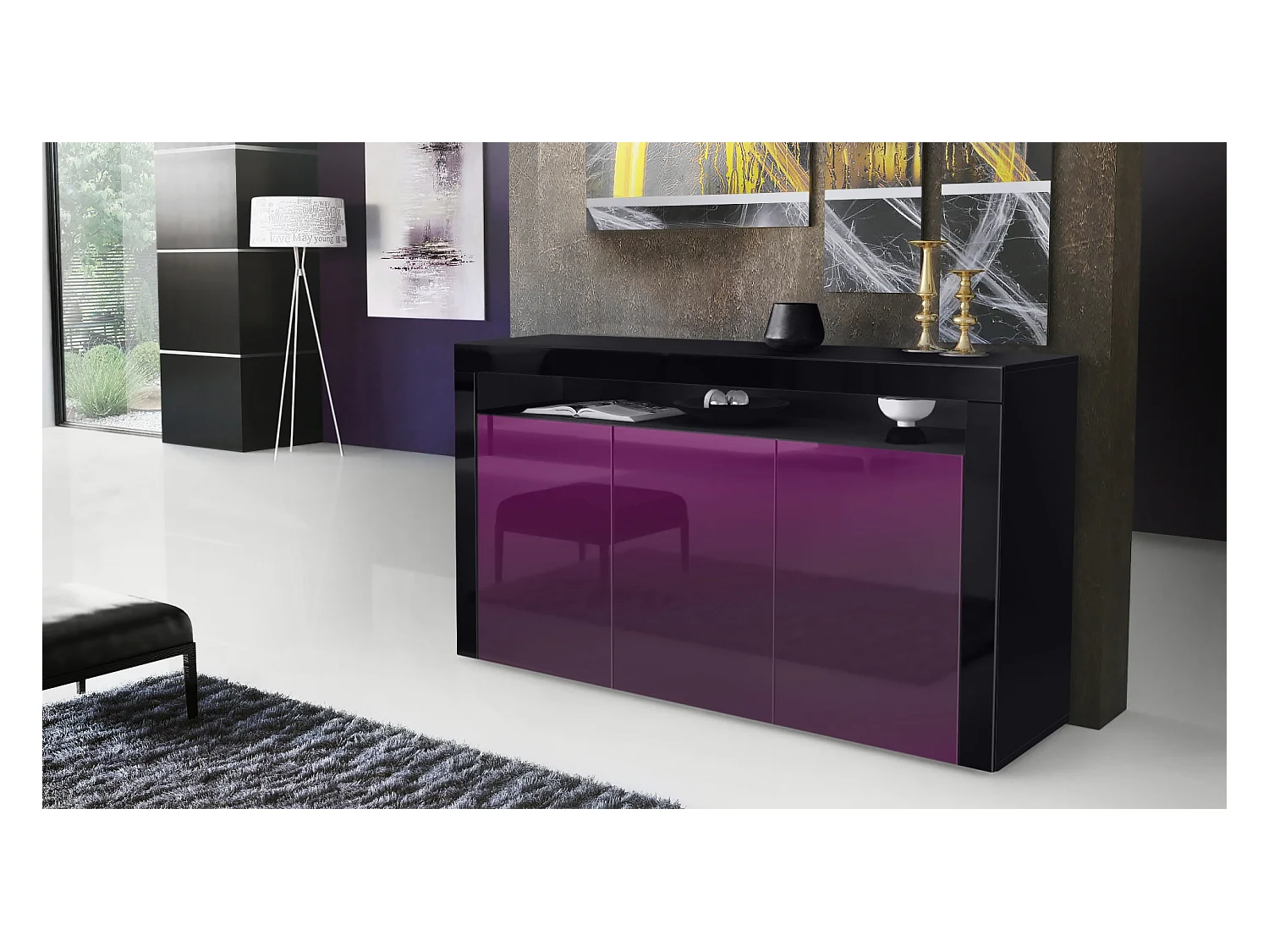 Buffet Valencia, Commode avec 3 portes et 1 compartiment ouvert, Noir mat/mûre haute brillance/noir haute brillance (155 x 92 x 40 cm)
