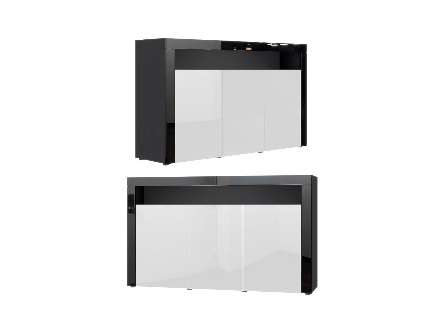 Buffet Valencia, Commode avec 3 portes et 1 compartiment ouvert, Noir mat/mûre haute brillance/noir haute brillance (155 x 92 x 40 cm)