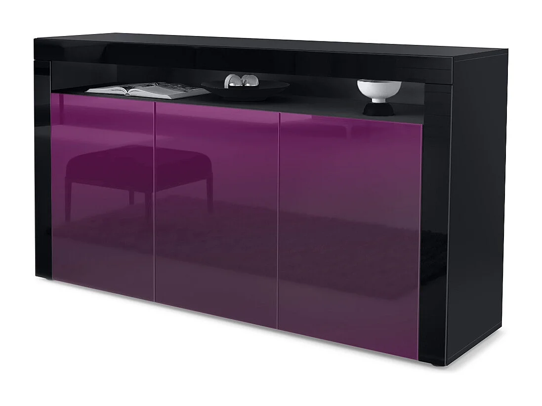 Madia  Valencia, mobile a 3 ante e 1 scomparto aperto, nero opaco/violetto porpora lucido/nero lucido (155 x 92 x 40 cm)
