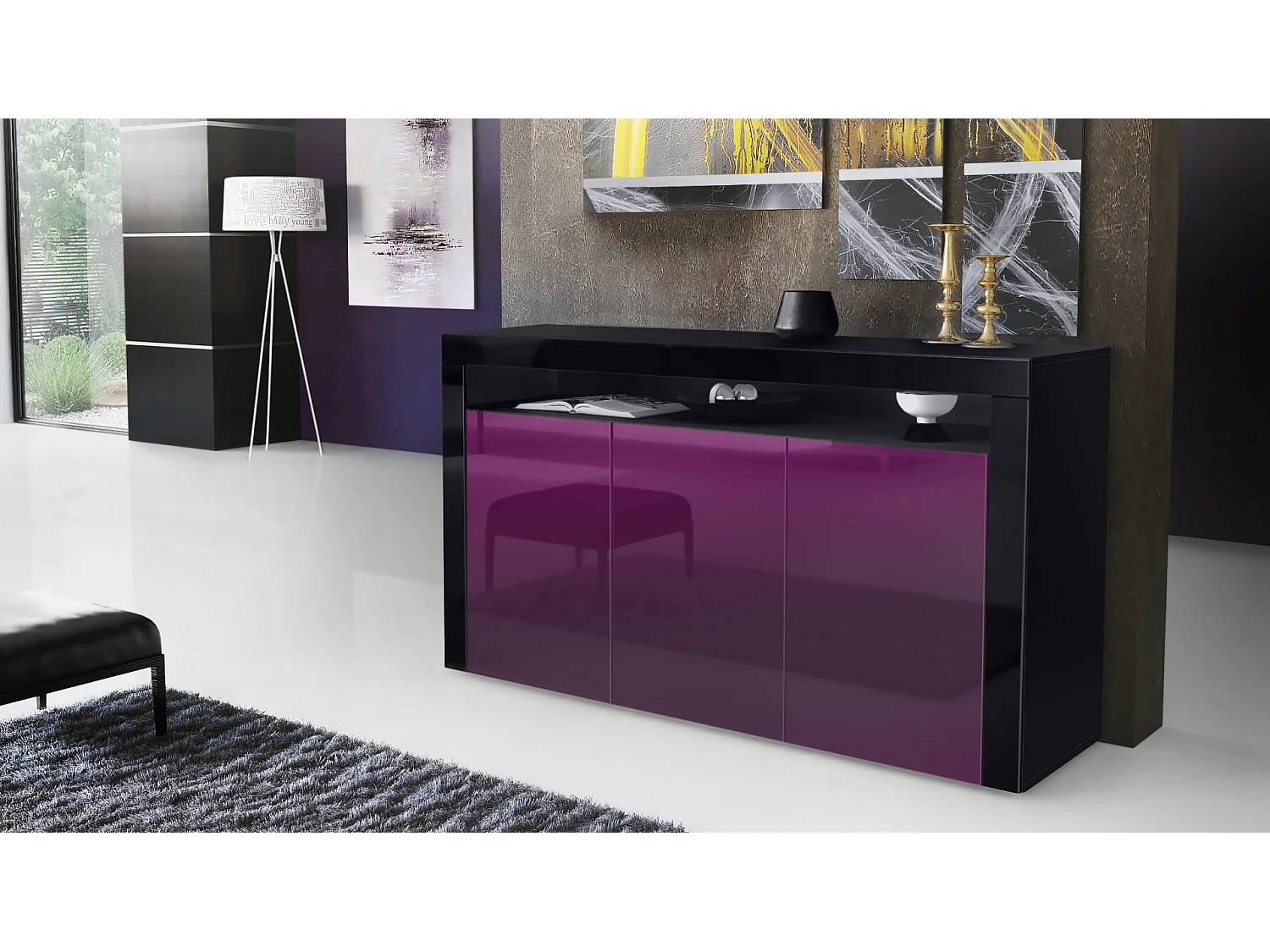 Vladon Cajonera Valencia, Cómoda con 3 Puertas y 1 Compartimento abierto, Negro mate/zarzamora de alto brillo/negro de alto brillo (155 x 92 x 40 cm)