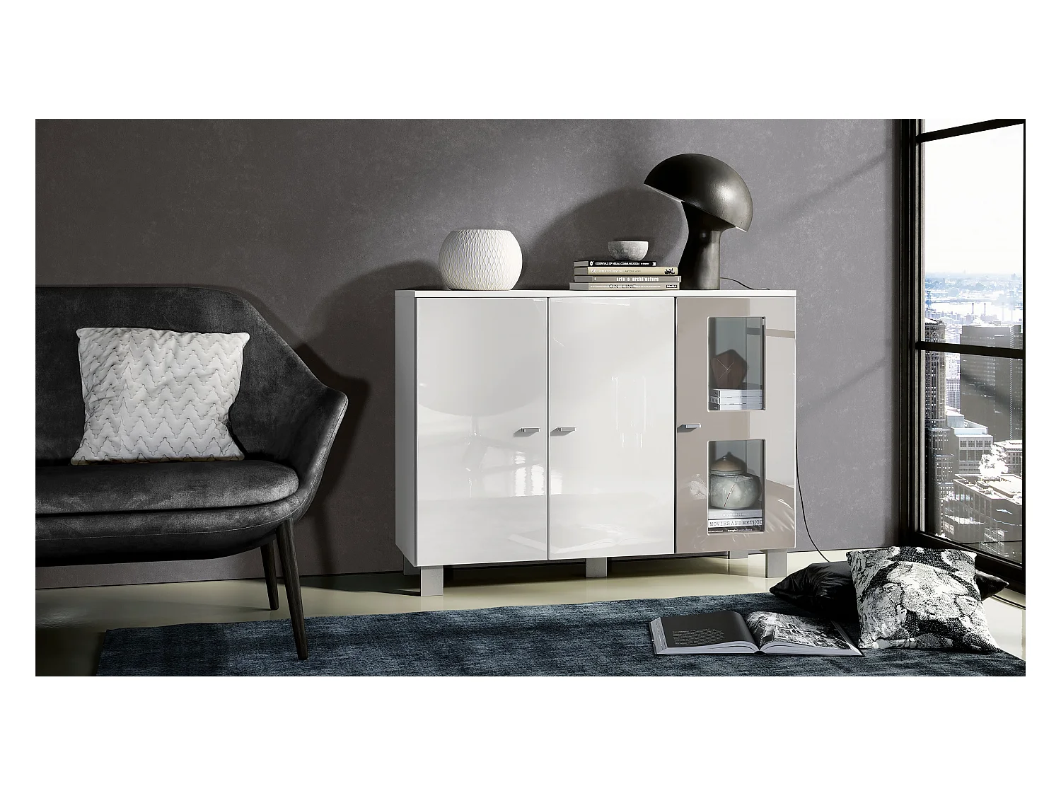 Buffet Denjo, Commode avec 3 portes, Blanc mat/Blanc haute brillance/Gris sable haute brillance (107 x 81 x 35 cm)